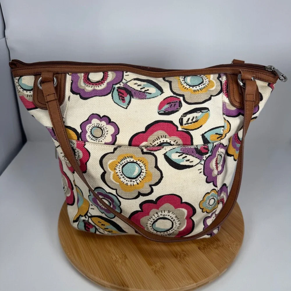 Relic Floral‎ Canvas Shoulder Bag Brown Faux Leather Trim RLH4429 Multicolor